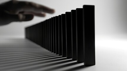 Naklejka premium Line of black dominoes in motion, halted by a hand, showing the contrast between continuous action and the power to stop it.