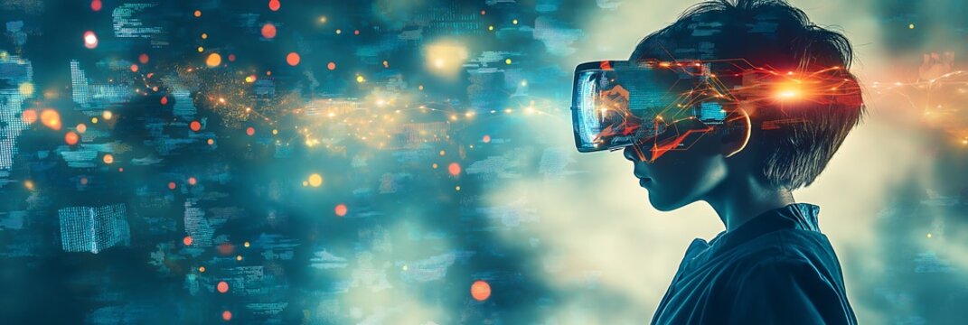 futuristic education, mood moodboard for the new way to learn with digital assets, young and modern people learning with computer and tablets, collage with digital