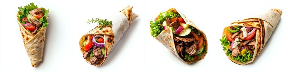 Four fresh wraps with assorted fillings, placed against a white background, showcasing a healthy meal option.