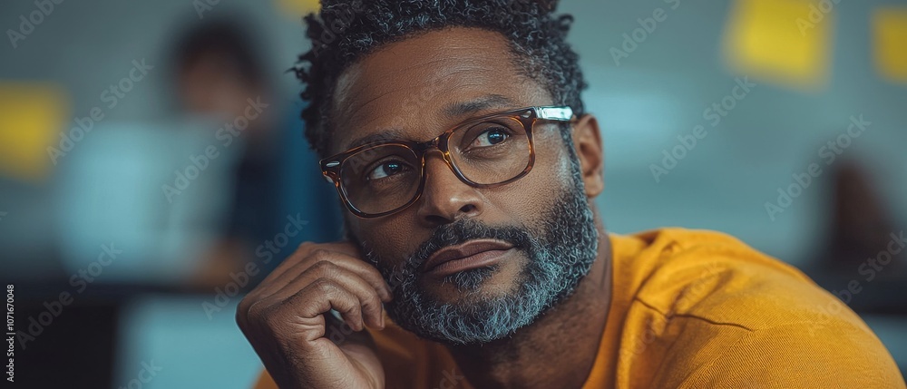 Poster a thoughtful man with glasses and a beard gazes intently, surrounded by a creative workspace filled 
