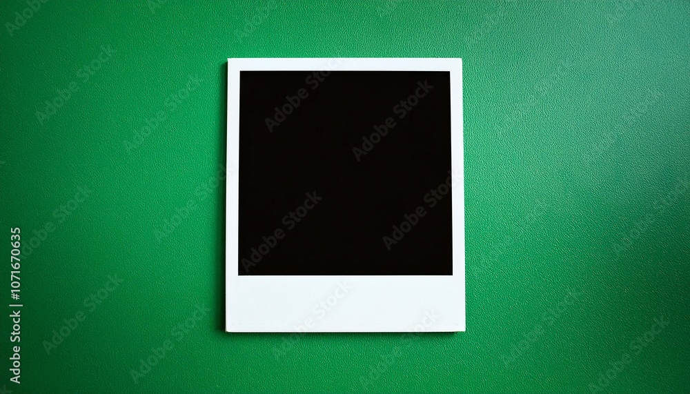 Poster a single instant photo frame on pure empty green background, mockup