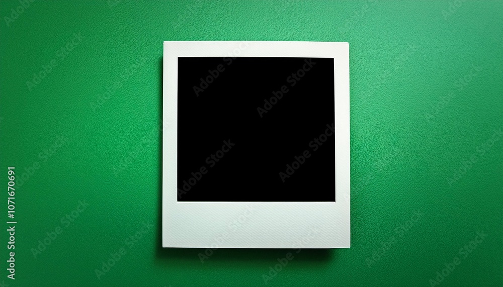 Poster a single instant photo frame on pure empty green background, mockup