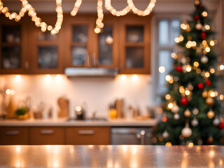 blurred background og kitchen with lights for christmas and new year