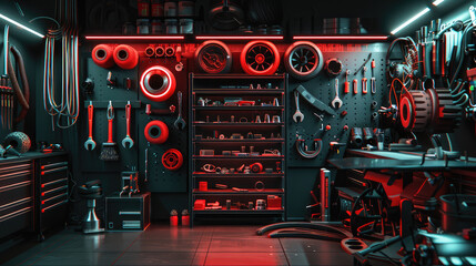 well organized workshop featuring various tools, equipment, and automotive parts illuminated by red neon lights, creating vibrant and dynamic atmosphere