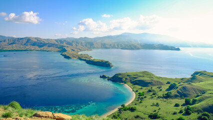 Beautiful ocean view and green grassy hill with clear sky on the background at Gili Lawa, Komodo National Park, Indonesia. summer background and summer holiday concept.  © Balnyes Visuals