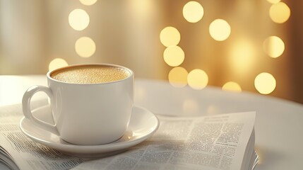 Fototapeta premium Savoring the moment with a warm coffee cup and morning newspaper in a cozy cafe setting