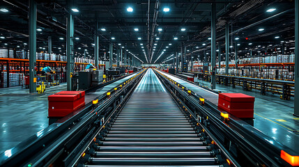 Obraz premium Automated conveyor systems transporting packages in warehouse setting, showcasing efficient logistics and modern technology