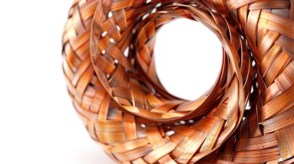 Obraz premium Copper wire coil isolated on white background, tightly wound and detailed texture