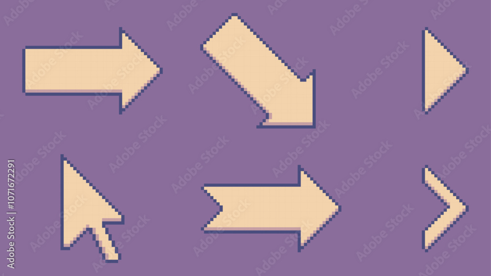 Poster pixel art arrow icon set. arrows style pixel art set. cursor pixel art icon.