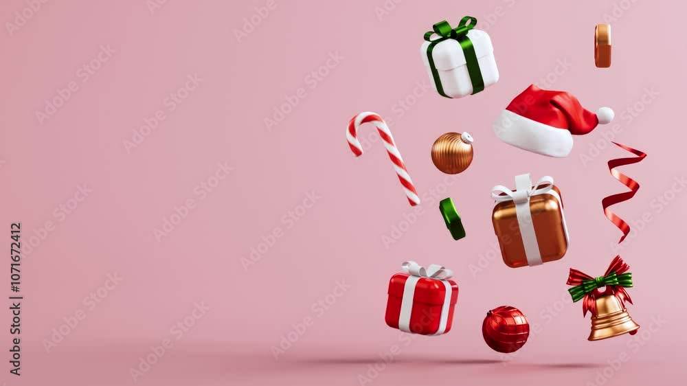 Poster christmas looping video with floating decoration and festive stuff on a pastel red background with c