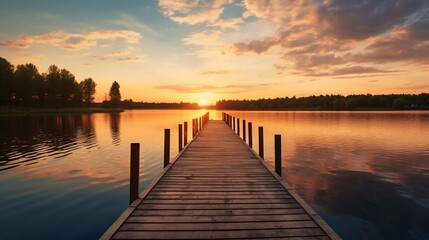 Obraz premium Perspective view of a wooden pier on the pond at sunset with perfectly specular reflection : Generative AI