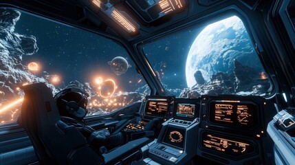 Space explorer in a modern spacecraft's command center, gazing at a stunning view of distant planets and stars, surrounded by futuristic controls and soft ambient lighting 