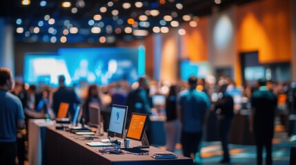 Fototapeta premium Vibrant conference hall filled with enthusiastic participants, showcasing an array of interactive exhibitor stations and product displays, with a blurred background that emphasizes the buzz of network