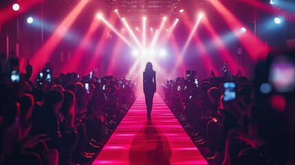 A luxurious runway laid out for a fashion show, filled with enthusiastic photographers and dazzling lights, creating an atmosphere of high fashion and glamour