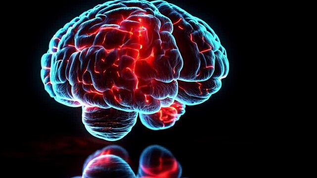The artwork illustrates a brain illuminated in neon blue and red, showcasing intricate neural connections against a dark background, creating a striking visual.