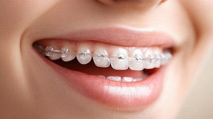 Obraz premium Smiling woman showing clear braces with a relaxed expression, set against a modern, light-colored background.