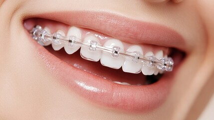 Smiling woman showing clear braces with a relaxed expression, set against a modern, light-colored background.