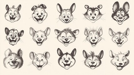 Obraz premium Delightful vintage cartoon animal faces with cheerful expressions, sketched in black and white, evoking 40s nostalgia in a fun and energetic style 