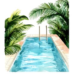 Obraz premium Watercolor painting of a swimming pool surrounded by palm trees.