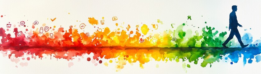 A silhouette of a person walking along a colorful, abstract path of splashes, blending hues from red to green, symbolizing journey and creativity.