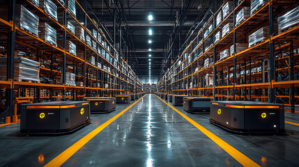 Fototapeta premium Efficient warehouse with automated delivery robots navigating aisles, showcasing modern logistics system. bright lighting enhances organized layout