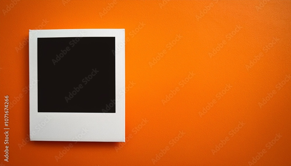 Poster a single instant photo frame on pure empty orange background, mockup