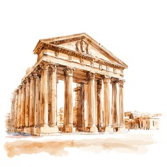 Obraz premium Watercolor Illustration of an Ancient Roman Temple.