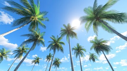 Tall palm trees leaning in the wind on a tropical day, the bright blue sky and few clouds creating a refreshing scene