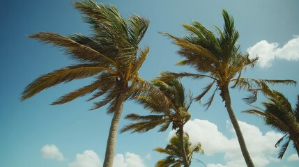 Obraz premium Tall palm trees leaning in the wind on a tropical day, the bright blue sky and few clouds creating a refreshing scene