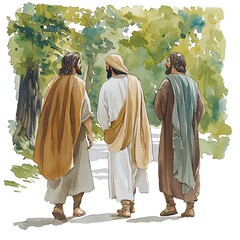 Fototapeta premium Three men walking in a forest, watercolor painting.