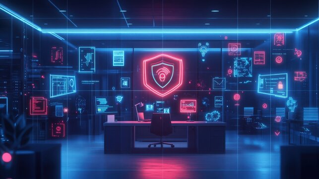 Holistic risk management framework illustrated in a digital office environment, featuring icons representing cybersecurity protocols and data protection tools, showcasing security and innovation