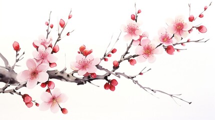 Naklejka premium Chinese painting of flowers, plum blossom, on white background. : Generative AI