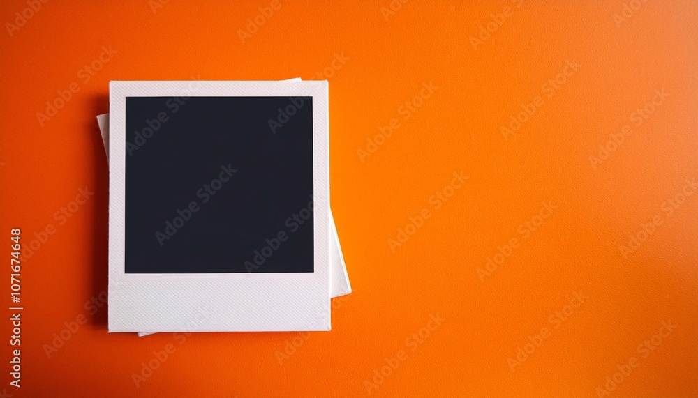 Poster a single instant photo frame on pure empty orange background, mockup