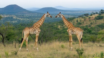 Obraz premium Two giraffes intertwining their long necks playfully, showing social grace and gentle interaction under a clear sky.
