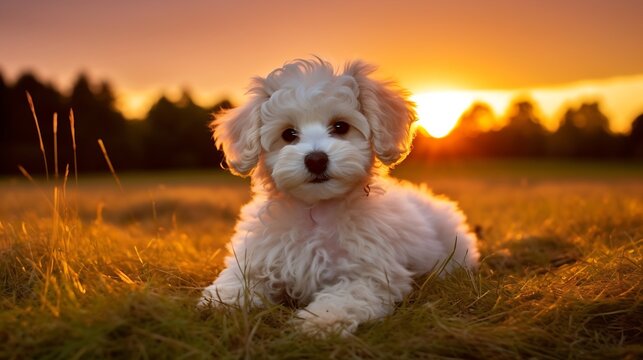 Adorable bichpoo dog breed in evening. : Generative AI