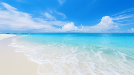 Fototapeta premium Panorama of a beautiful white sand beach and turquoise water in Maldives. Holiday summer beach background.. Wave of the sea on the sand beach. : Generative AI