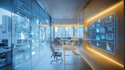 Obraz premium Modern office with projected data charts on glass walls