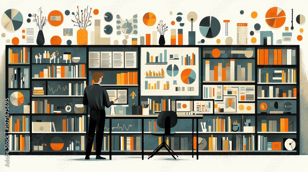 Poster a person stands in front of a colorful, organized bookshelf filled with books and charts, reflecting