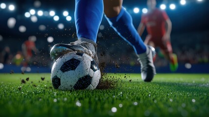 Fototapeta premium Experience the intensity of a powerful football kick with dirt flying in action-packed sports photography