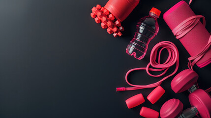 Fitness equipment including pink dumbbells, water bottle, and yoga mat create vibrant workout scene. Perfect for promoting health and wellness