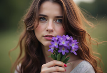 Naklejka premium Woman with purple flowers in green field