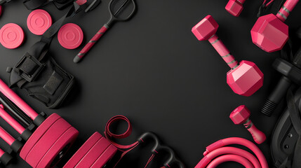 Fitness equipment including pink dumbbells, weights, and resistance bands arranged on black surface, creating vibrant and energetic workout atmosphere