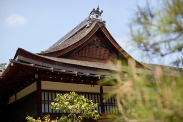 Traditional Japanese temple roof with intricate woodwork and sloping design, surrounded by lush greenery under a clear sky