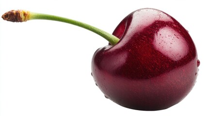 Single ripe cherry with stem, isolated on a white background for a simple, sweet vibe