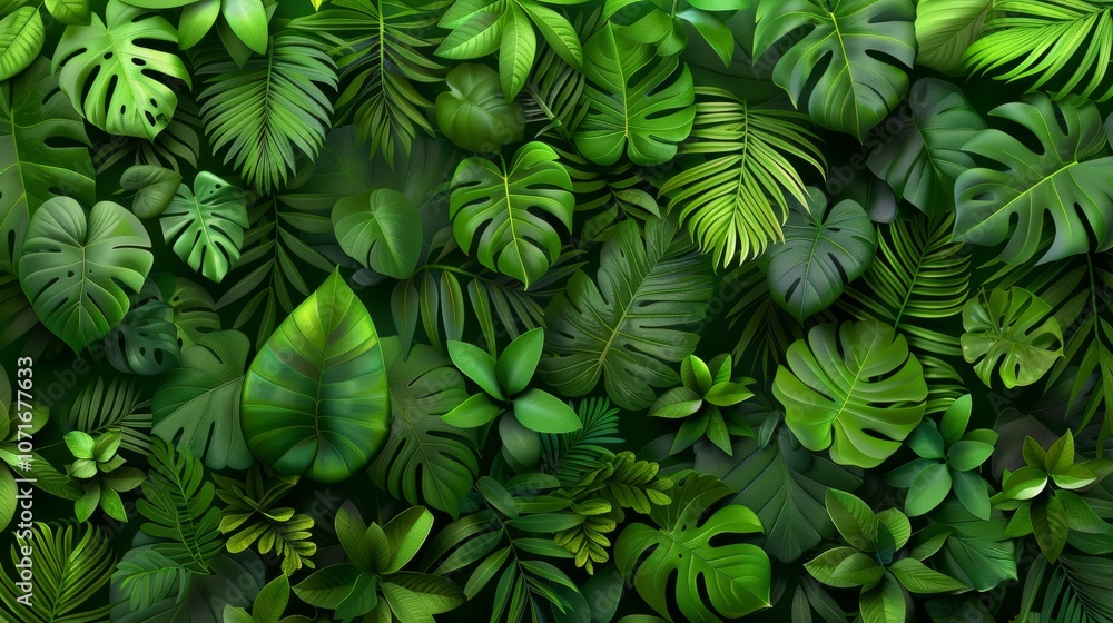 Poster a vibrant array of diverse green leaves arranged in a grid-like pattern, showcasing various textures