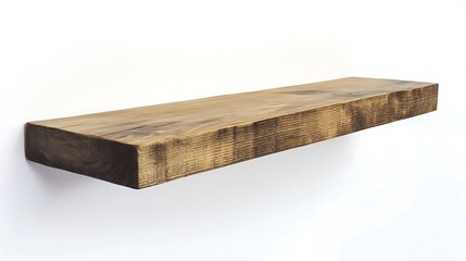 A rustic wooden shelf with a natural edge and a dark brown stain against a white background.