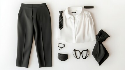 Sophisticated office wear set with a fitted blouse, cropped pants, tie, and statement accessories for contemporary professionals on white background