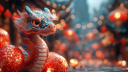 A vibrant dragon rests amid glowing lanterns, combining mythical charm with festive ambiance in a colorful setting.
