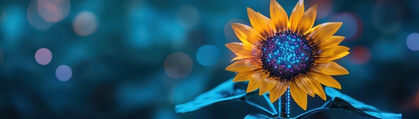 Obraz premium Cybernetic sunflowers, metallic petals, LED stamen, techenhanced nature concept