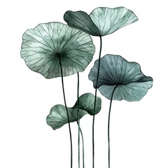 Watercolor Illustration of Five Green Lotus Leaves.
